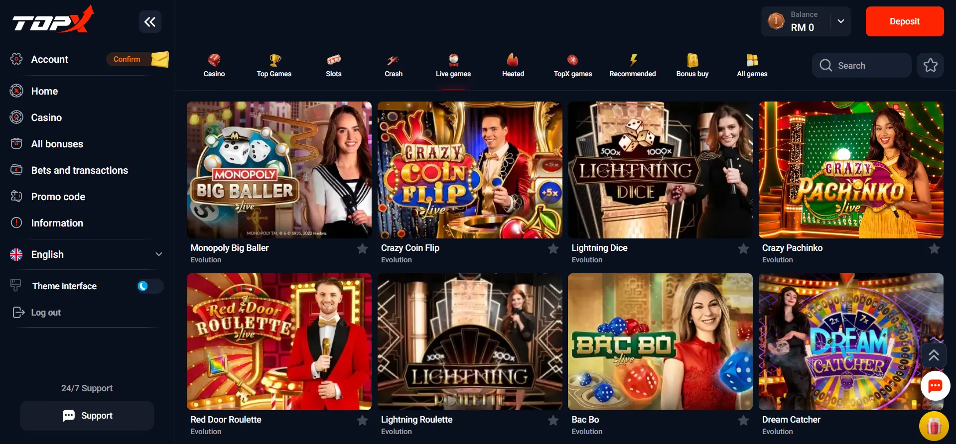 topx live casino games